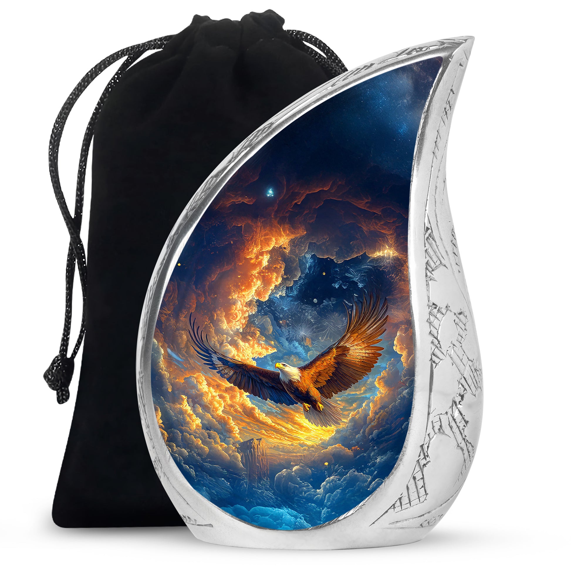 Celestial Blue Eagle Cremation Urn front view showing detailed design - flowing teardrop eagle silhouette on curved aluminum - full-size 10 inch 200 cubic inch adult cremation urn