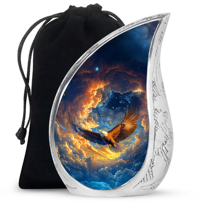Celestial Blue Eagle Cremation Urn front view showing detailed design - flowing teardrop eagle silhouette on curved aluminum - full-size 10 inch 200 cubic inch adult cremation urn