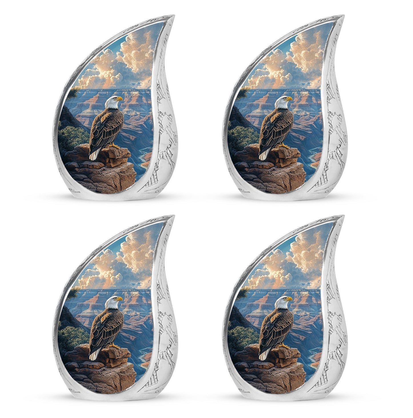 Celestial Blue Eagle Cremation Urn close-up of engraving and surface detail - flowing teardrop eagle silhouette on curved aluminum - 10 inch aluminum urn for cremated remains