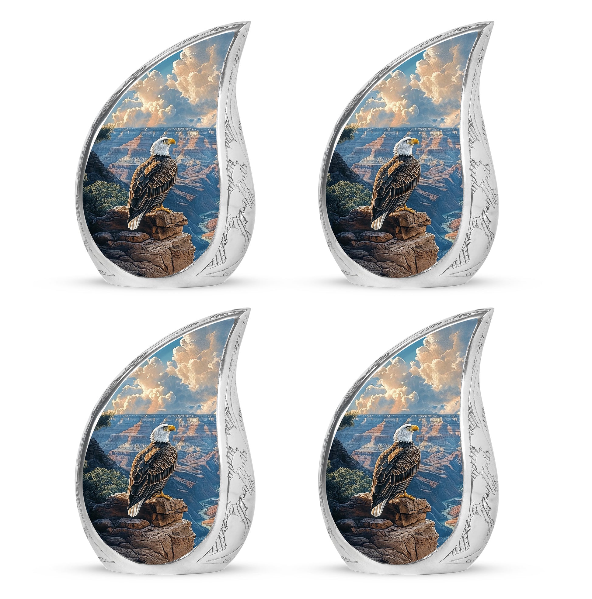 Celestial Blue Eagle Cremation Urn close-up of engraving and surface detail - flowing teardrop eagle silhouette on curved aluminum - 10 inch aluminum urn for cremated remains