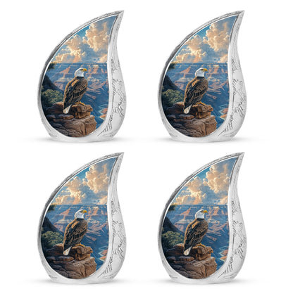 Celestial Blue Eagle Cremation Urn close-up of engraving and surface detail - flowing teardrop eagle silhouette on curved aluminum - 10 inch aluminum urn for cremated remains