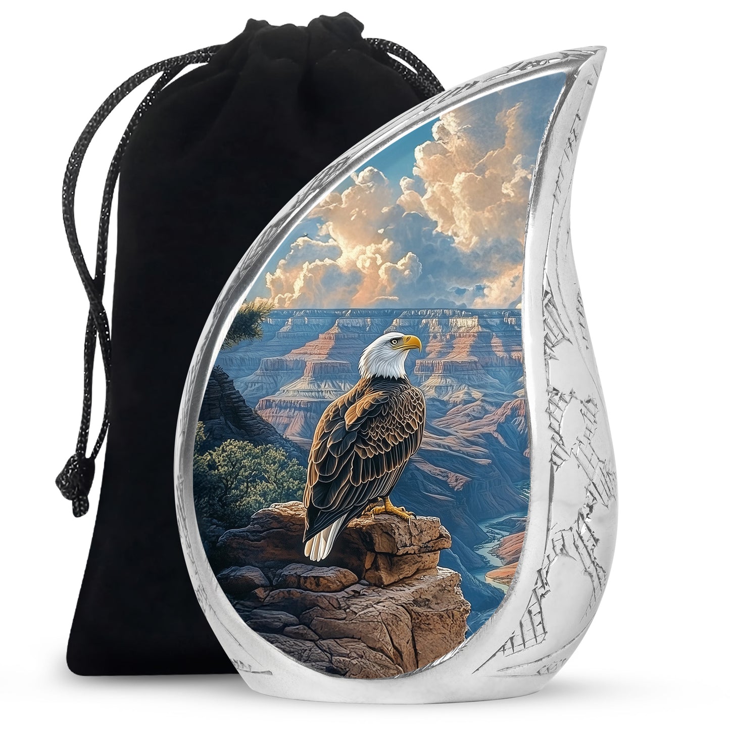Bright Blue Eagle Cremation Urn front view showing detailed design - graceful tear-shaped urn with eagle motif - full-size 10 inch 200 cubic inch adult cremation urn