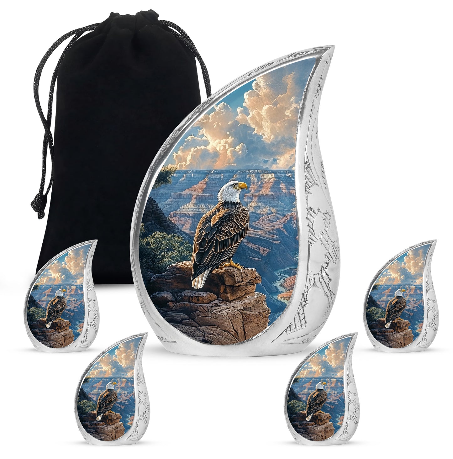 Sapphire Blue Eagle Cremation Urn side profile showing urn shape - smooth teardrop contour featuring eagle art - memorial set with one large and four small urns