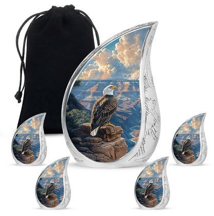 Sapphire Blue Eagle Cremation Urn side profile showing urn shape - smooth teardrop contour featuring eagle art - memorial set with one large and four small urns