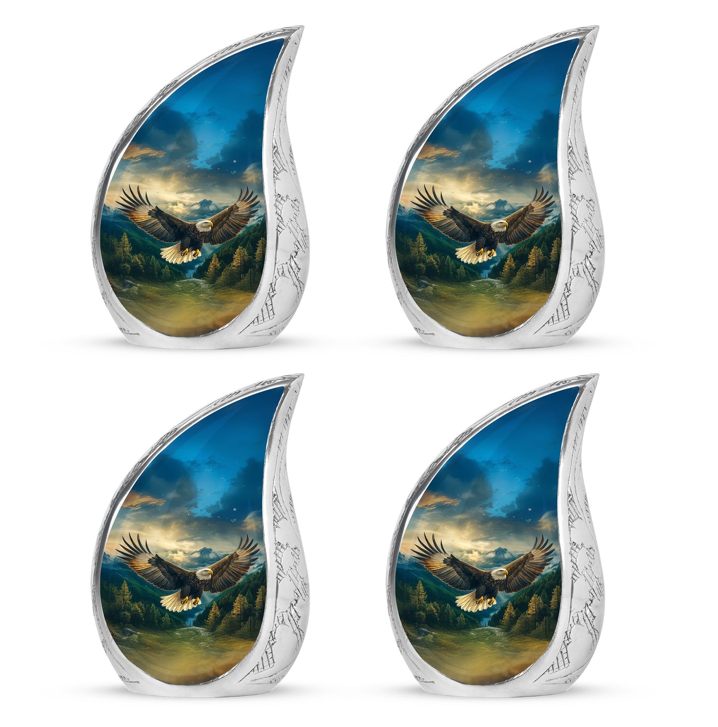 Serene Blue Eagle Cremation Urn close-up of engraving and surface detail - smooth teardrop contour featuring eagle art - 10 inch aluminum urn for cremated remains