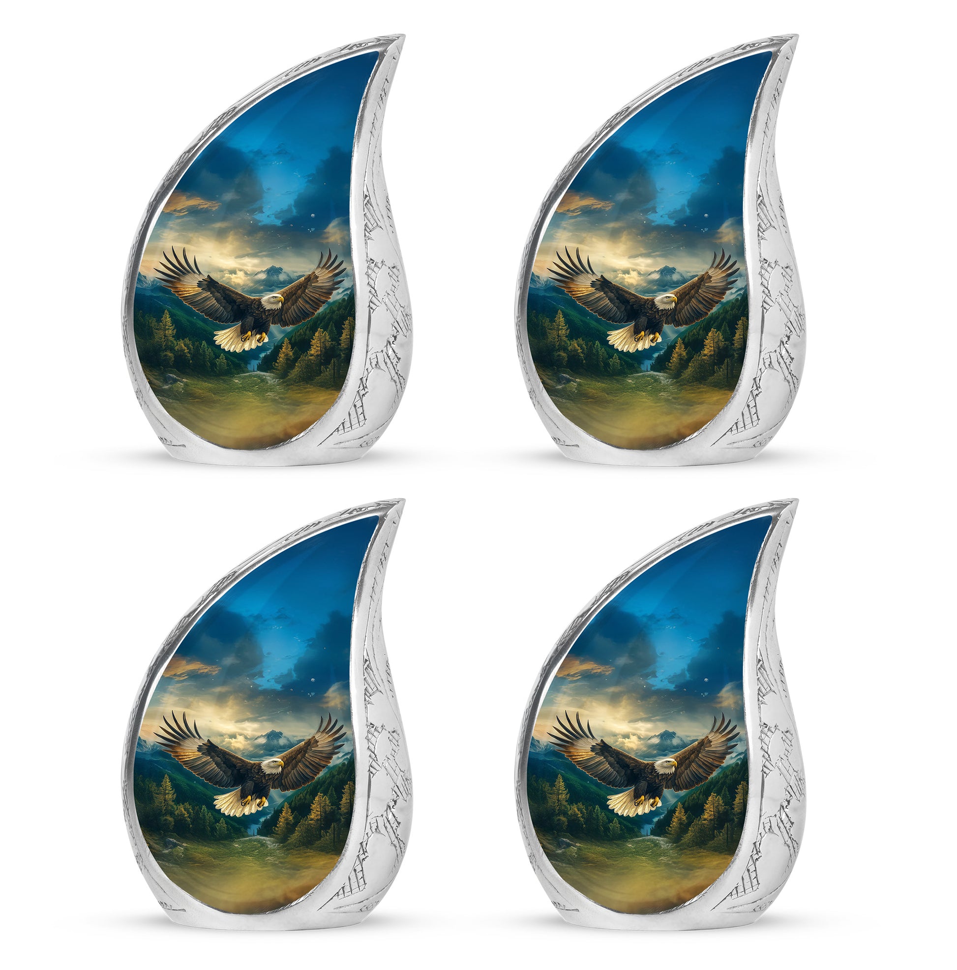 Serene Blue Eagle Cremation Urn close-up of engraving and surface detail - smooth teardrop contour featuring eagle art - 10 inch aluminum urn for cremated remains