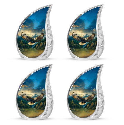 Serene Blue Eagle Cremation Urn close-up of engraving and surface detail - smooth teardrop contour featuring eagle art - 10 inch aluminum urn for cremated remains