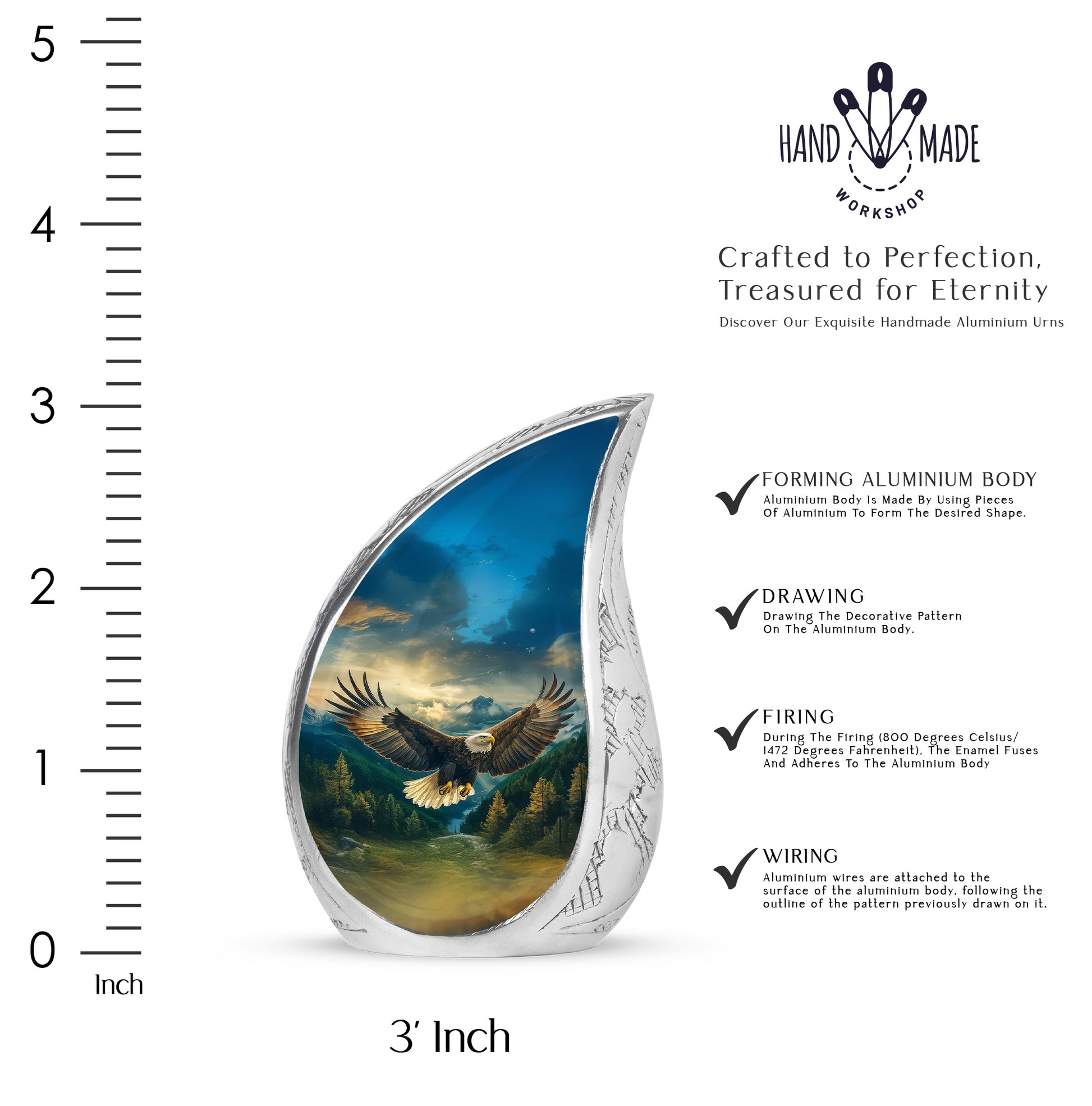 Pastel Blue Eagle Cremation Urn angled view of lid and engraved motif - flowing teardrop eagle silhouette on curved aluminum - mini keepsake memorial for portion of cremation ashes
