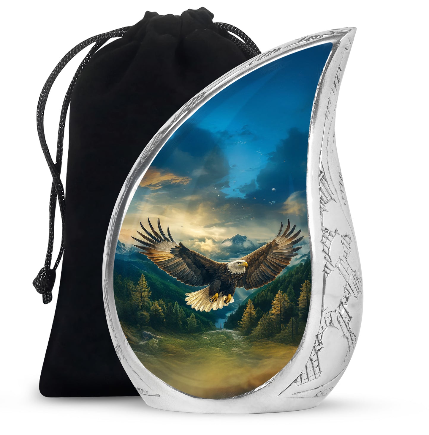 Pastel Blue Eagle Cremation Urn front view showing detailed design - flowing teardrop eagle silhouette on curved aluminum - full-size 10 inch 200 cubic inch adult cremation urn
