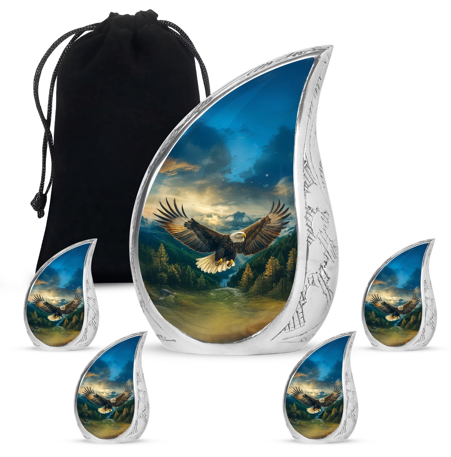 Vivid Blue Eagle Cremation Urn side profile showing urn shape - graceful tear-shaped urn with eagle motif - memorial set with one large and four small urns