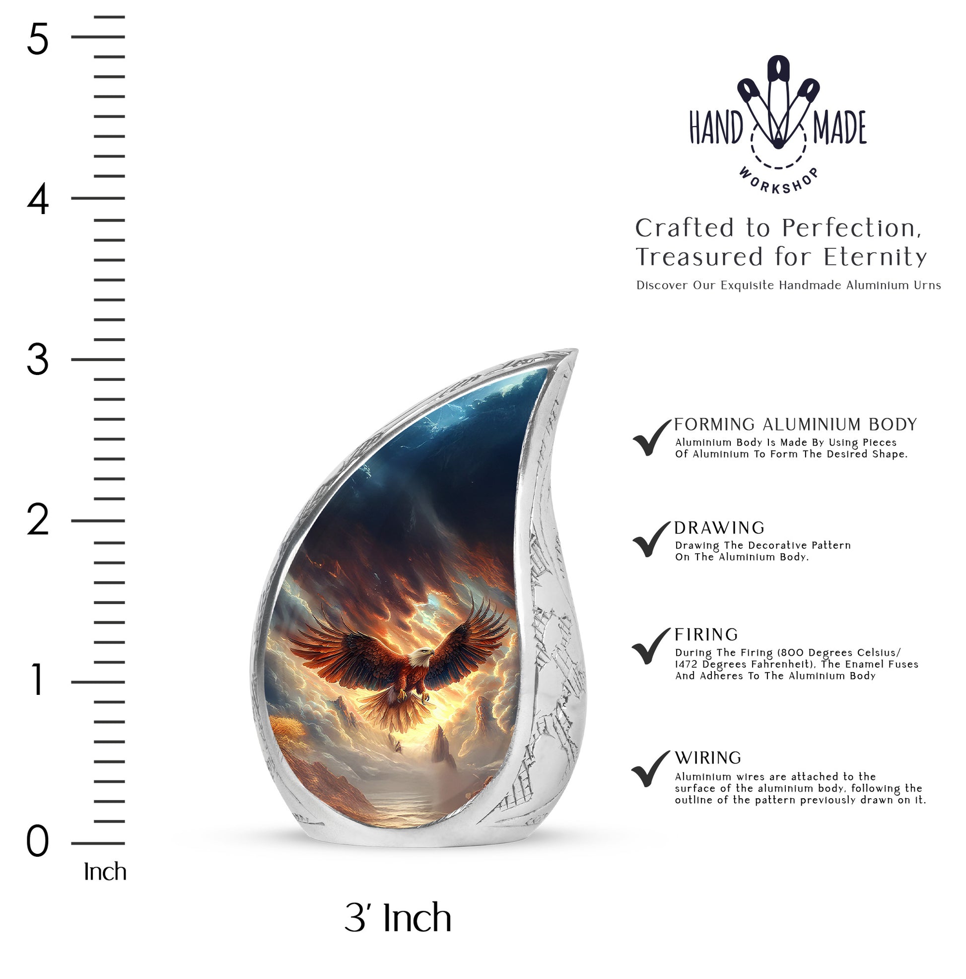 Glossy Black Eagle Cremation Urn angled view of lid and engraved motif - flowing teardrop eagle silhouette on curved aluminum - mini keepsake memorial for portion of cremation ashes