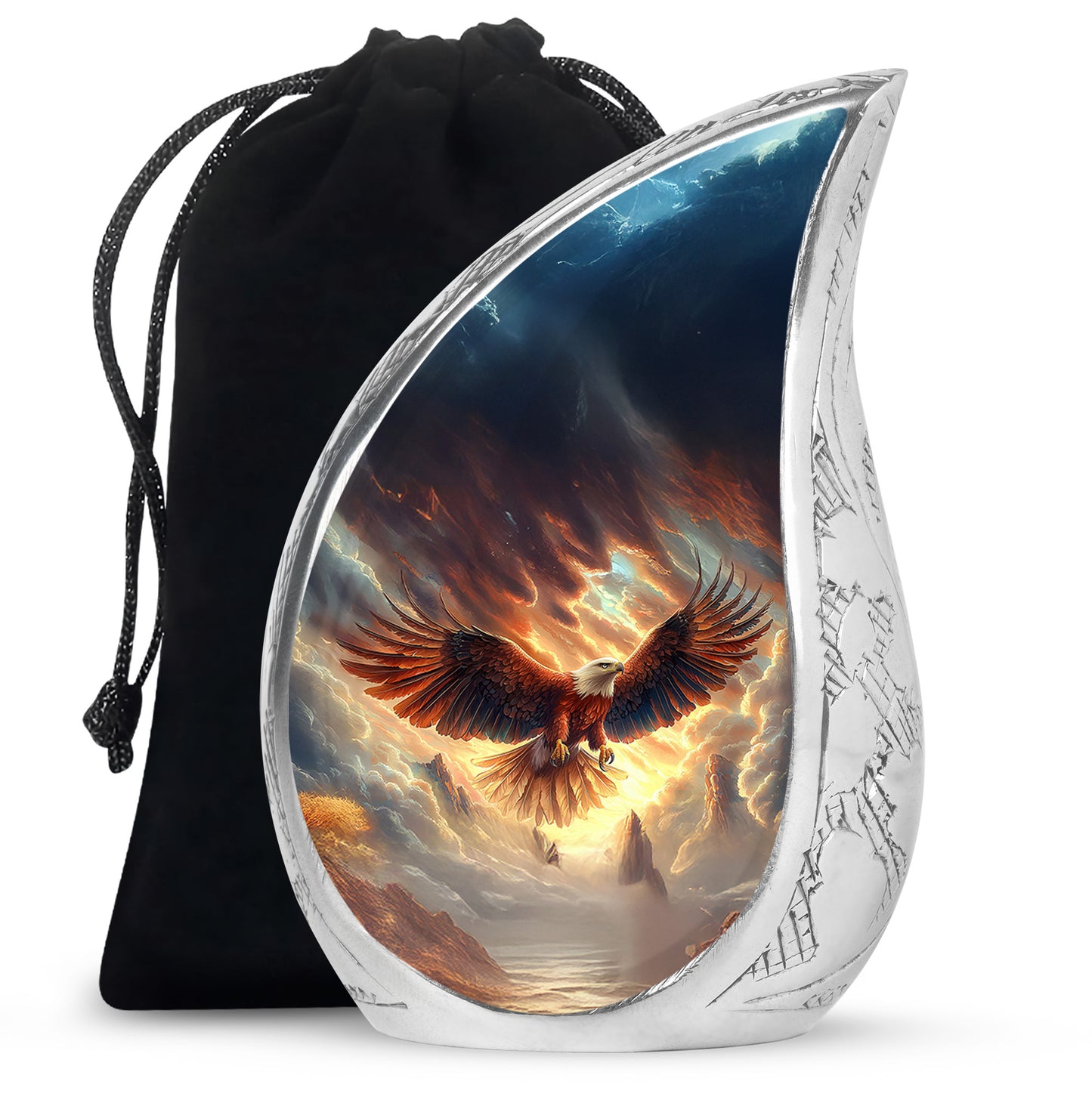 Ebony Eagle Cremation Urn front view showing detailed design - flowing teardrop eagle silhouette on curved aluminum - full-size 10 inch 200 cubic inch adult cremation urn
