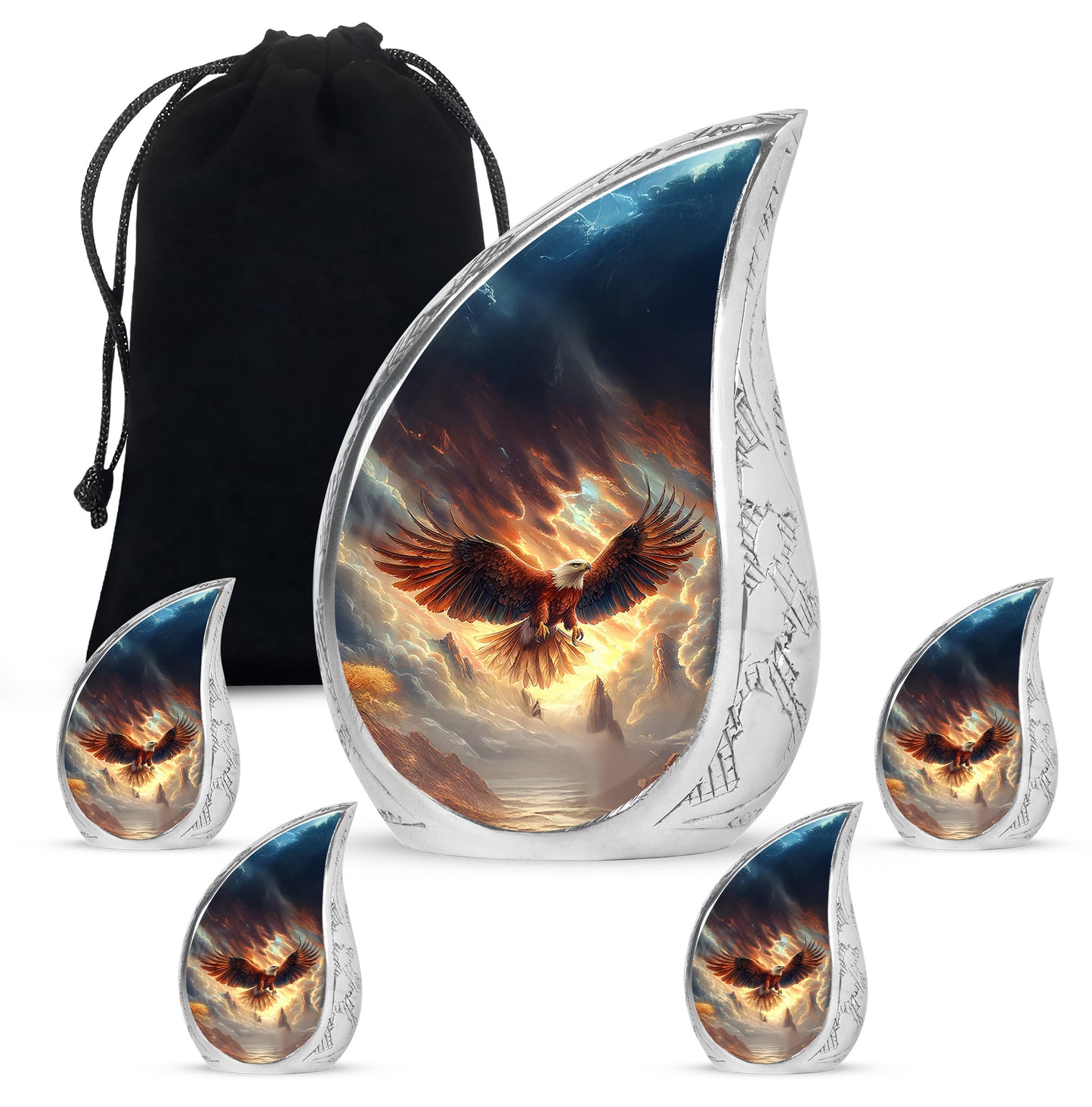 Deep Black Eagle Cremation Urn side profile showing urn shape - rounded teardrop eagle design with delicate detail - memorial set with one large and four small urns