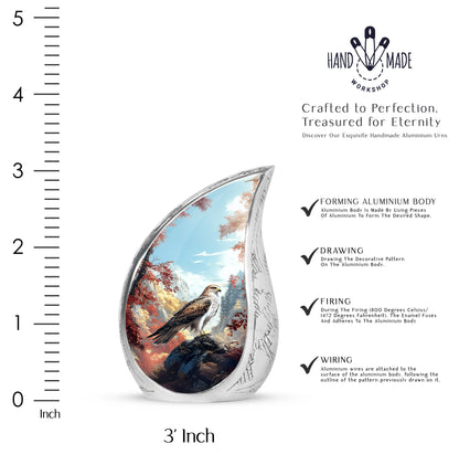 Cornflower Blue Eagle Cremation Urn angled view of lid and engraved motif - graceful tear-shaped urn with eagle motif - mini keepsake memorial for portion of cremation ashes