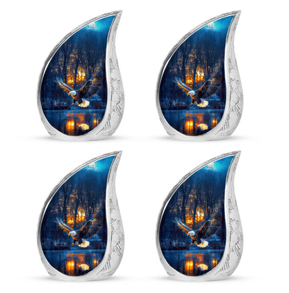 Cornflower Blue Eagle Cremation Urn close-up of engraving and surface detail - smooth teardrop contour featuring eagle art - 10 inch aluminum urn for cremated remains