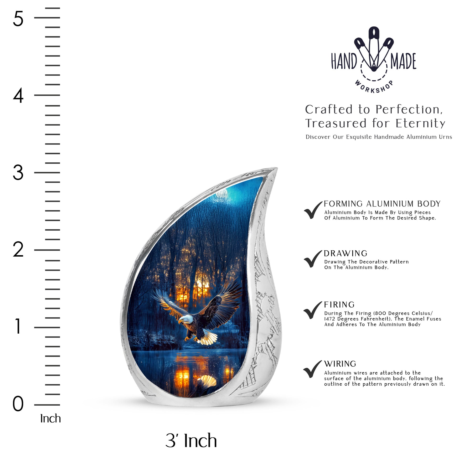 Slate Blue Eagle Cremation Urn angled view of lid and engraved motif - rounded teardrop eagle design with delicate detail - mini keepsake memorial for portion of cremation ashes