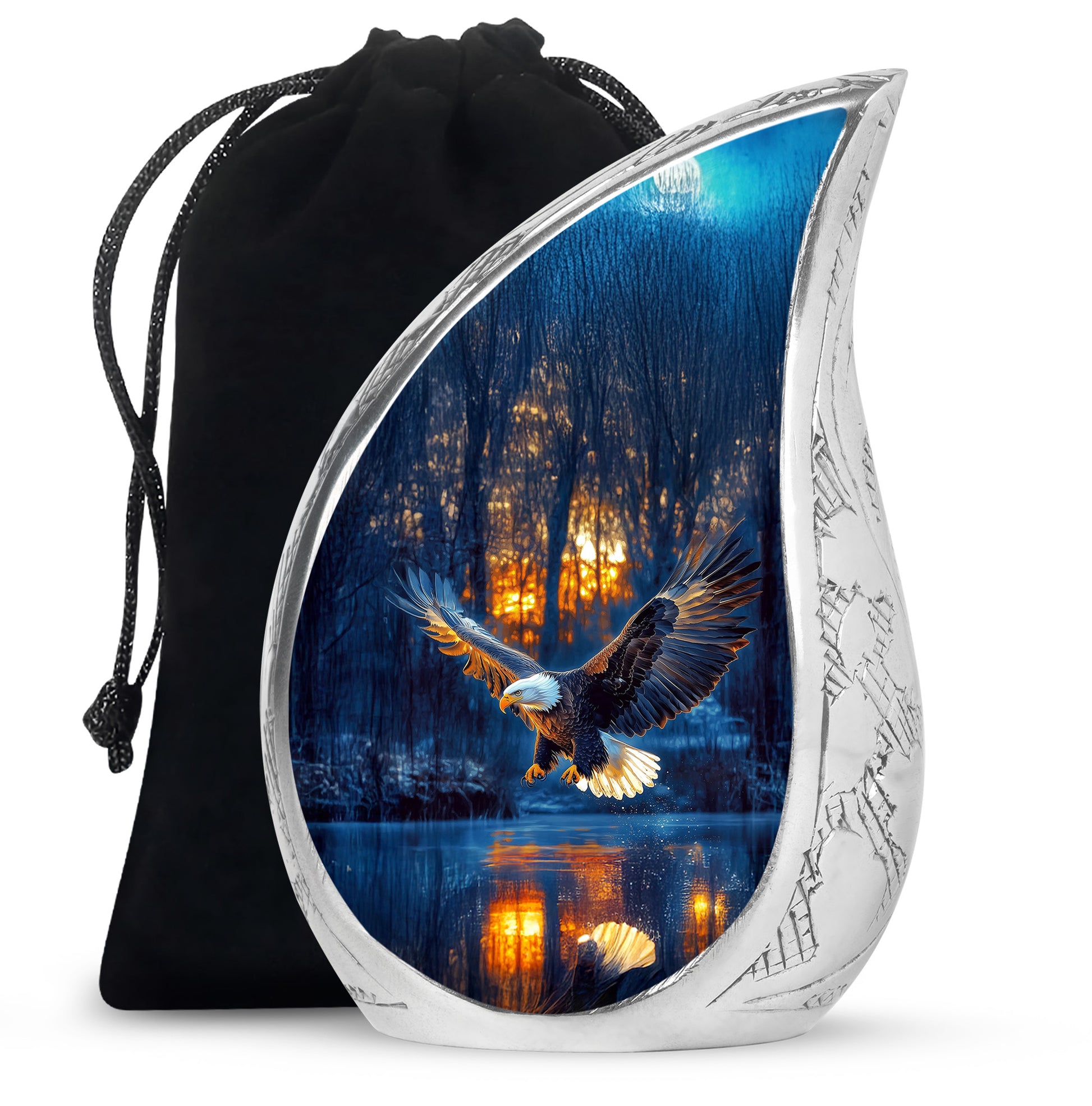 Royal Blue Eagle Cremation Urn front view showing detailed design - smooth teardrop contour featuring eagle art - full-size 10 inch 200 cubic inch adult cremation urn