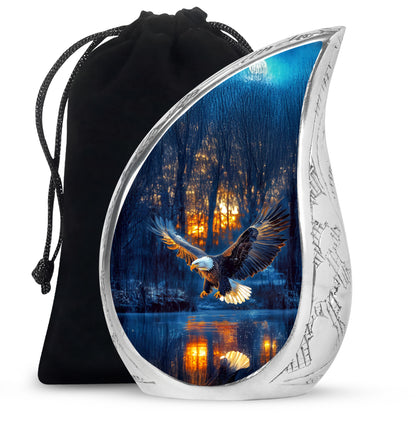 Royal Blue Eagle Cremation Urn front view showing detailed design - smooth teardrop contour featuring eagle art - full-size 10 inch 200 cubic inch adult cremation urn