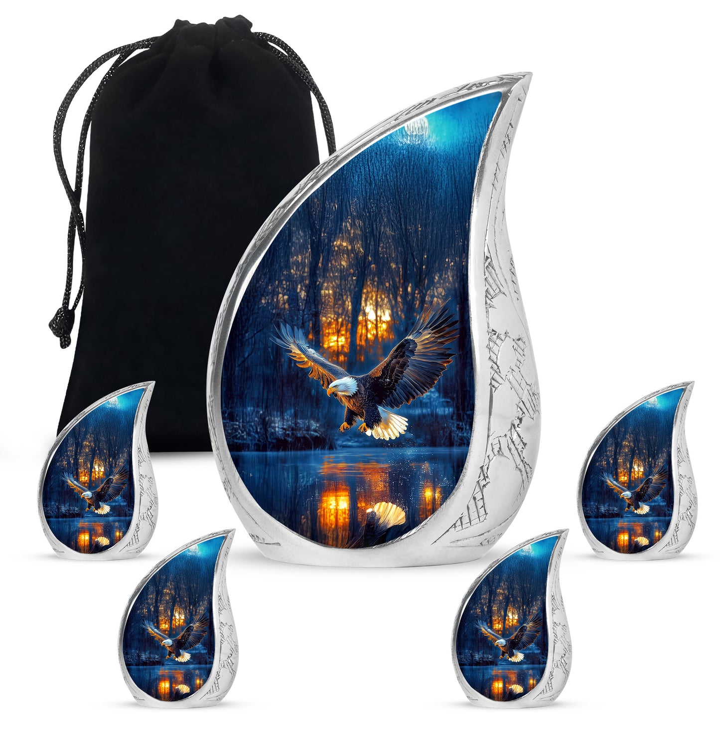 Soft Blue Eagle Cremation Urn side profile showing urn shape - graceful tear-shaped urn with eagle motif - memorial set with one large and four small urns