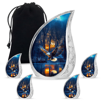 Soft Blue Eagle Cremation Urn side profile showing urn shape - graceful tear-shaped urn with eagle motif - memorial set with one large and four small urns