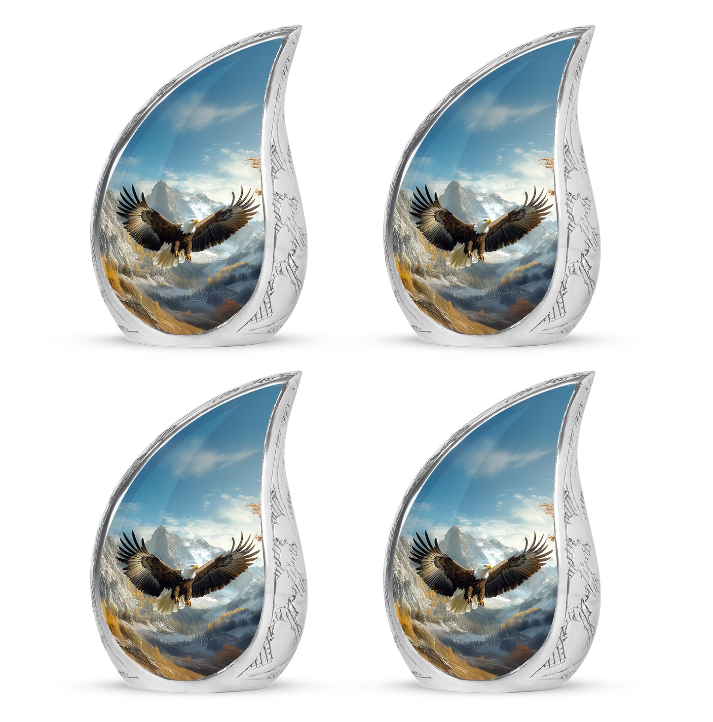 Calming Blue Eagle Cremation Urn close-up of engraving and surface detail - graceful tear-shaped urn with eagle motif - 10 inch aluminum urn for cremated remains