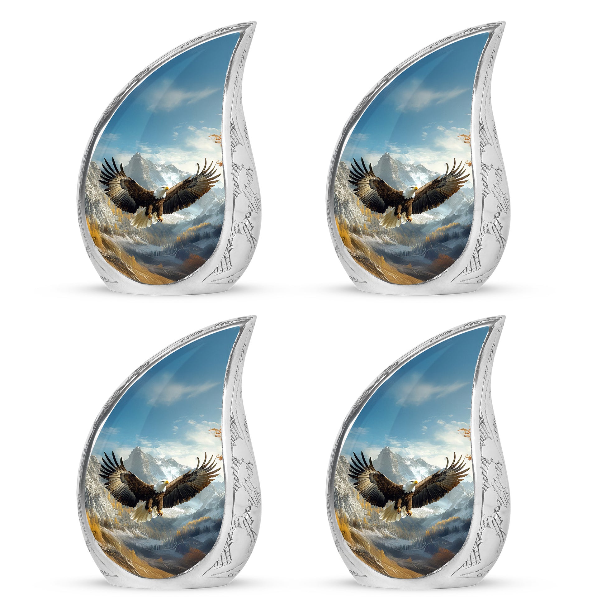 Calming Blue Eagle Cremation Urn close-up of engraving and surface detail - graceful tear-shaped urn with eagle motif - 10 inch aluminum urn for cremated remains