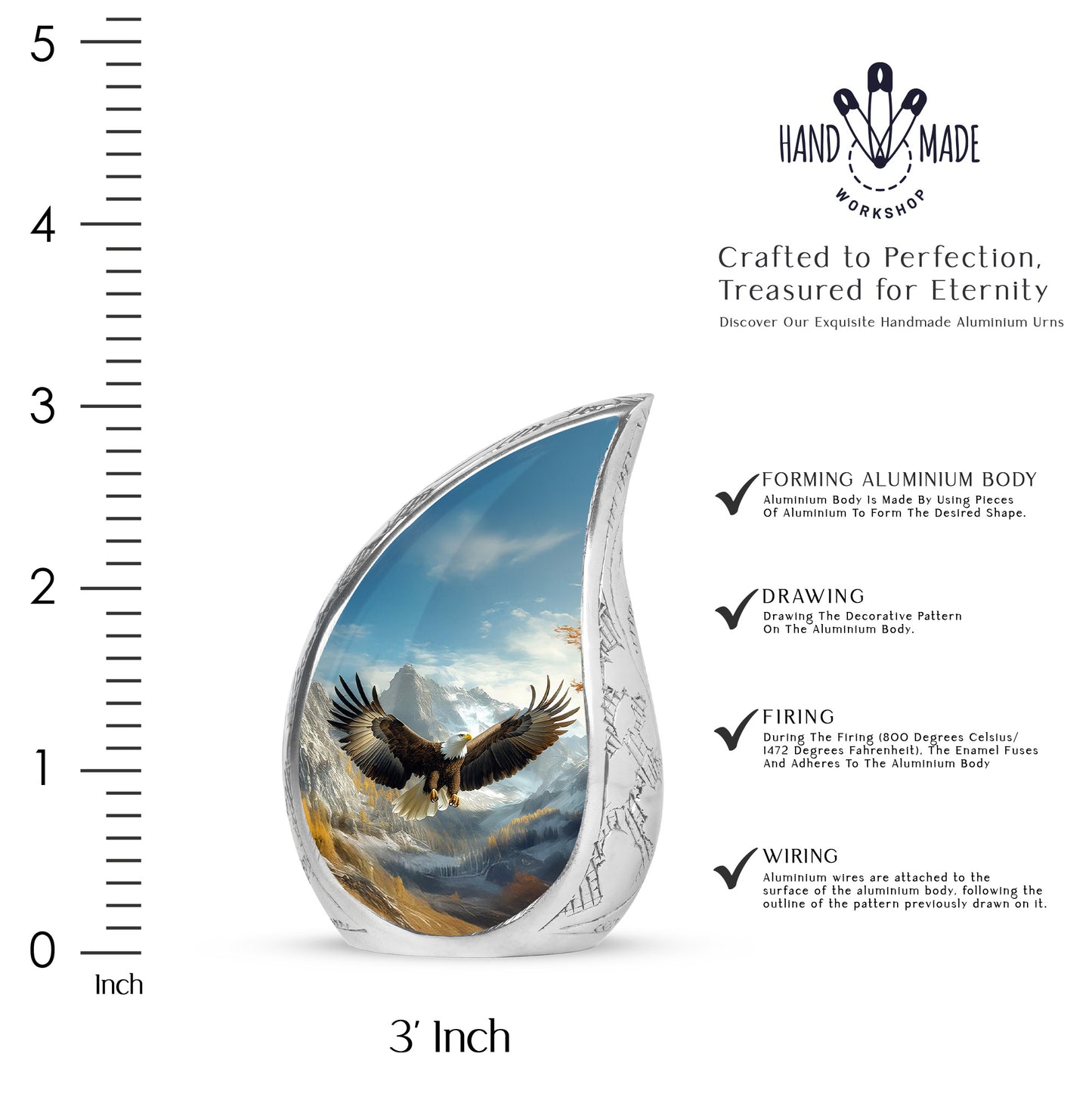 Indigo Eagle Cremation Urn angled view of lid and engraved motif - rounded teardrop eagle design with delicate detail - mini keepsake memorial for portion of cremation ashes