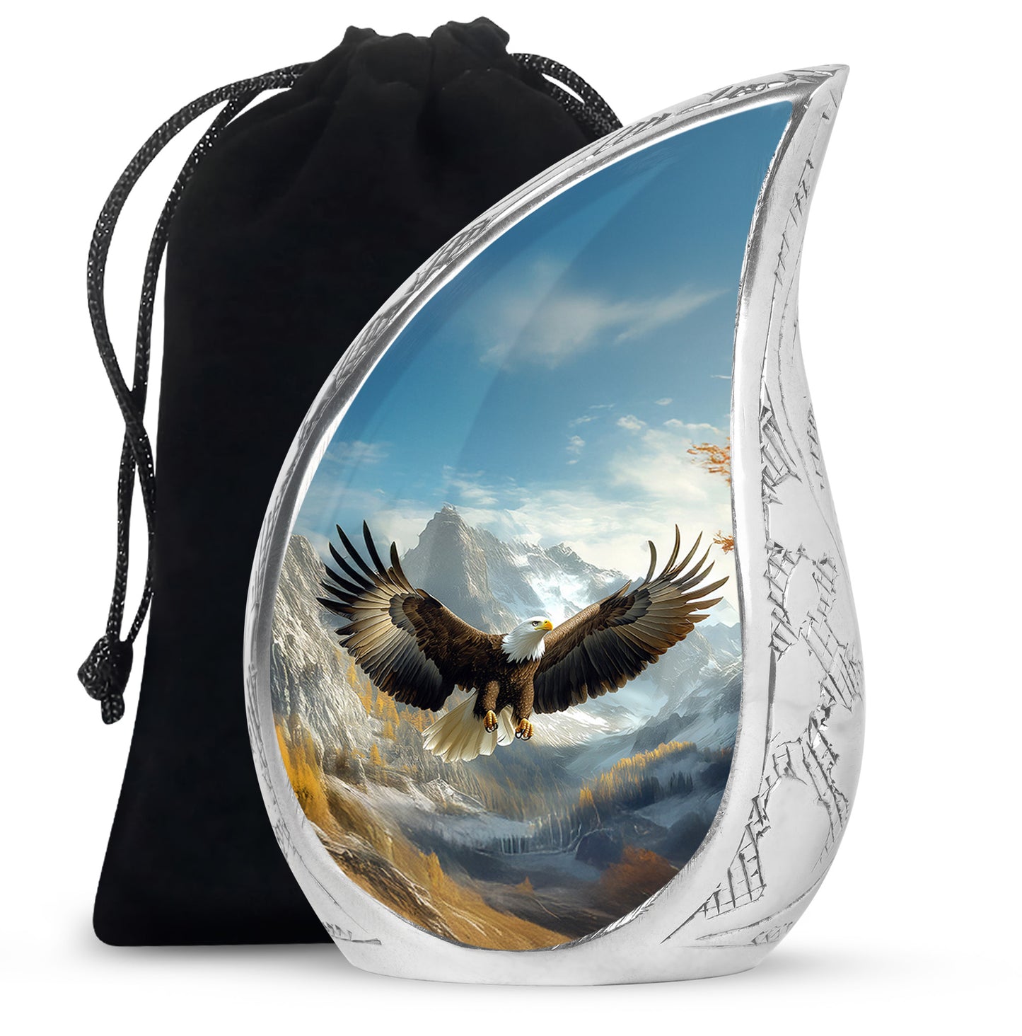 Celestial Blue Eagle Cremation Urn front view showing detailed design - rounded teardrop eagle design with delicate detail - full-size 10 inch 200 cubic inch adult cremation urn