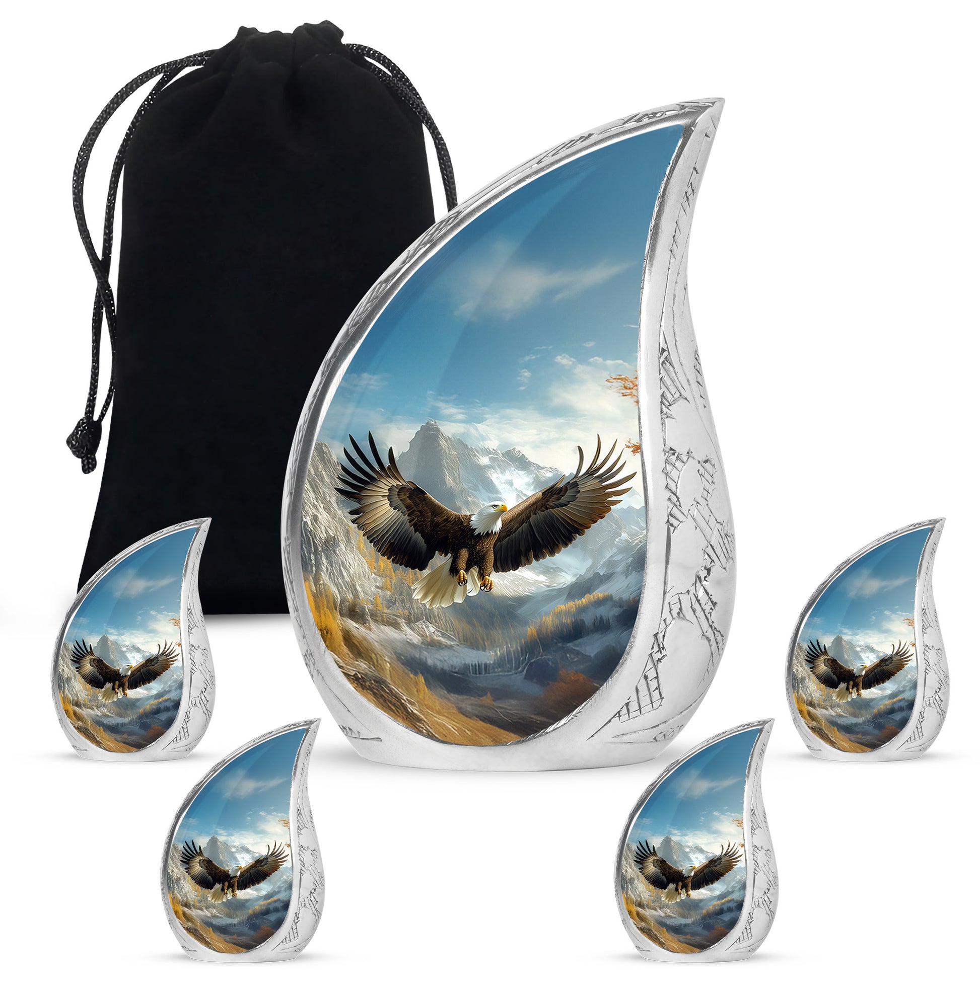 Serene Blue Eagle Cremation Urn side profile showing urn shape - graceful tear-shaped urn with eagle motif - memorial set with one large and four small urns