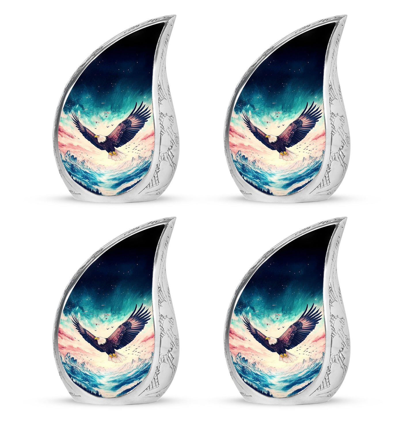 Soft Blue Eagle Cremation Urn close-up of engraving and surface detail - graceful tear-shaped urn with eagle motif - 10 inch aluminum urn for cremated remains