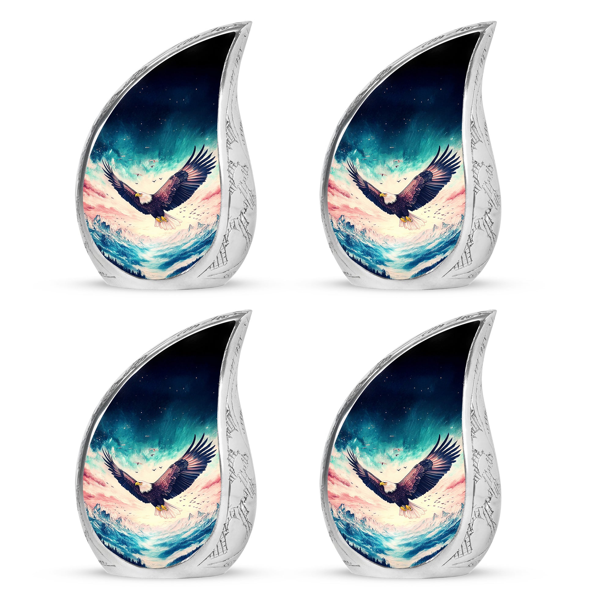 Soft Blue Eagle Cremation Urn close-up of engraving and surface detail - graceful tear-shaped urn with eagle motif - 10 inch aluminum urn for cremated remains