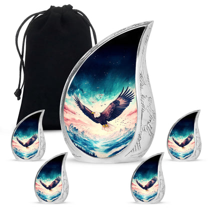 Bright Blue Eagle Cremation Urn side profile showing urn shape - smooth teardrop contour featuring eagle art - memorial set with one large and four small urns