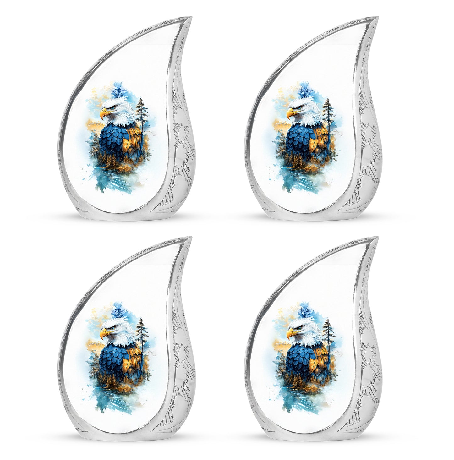 Sterling Silver Eagle Cremation Urn close-up of engraving and surface detail - flowing teardrop eagle silhouette on curved aluminum - 10 inch aluminum urn for cremated remains