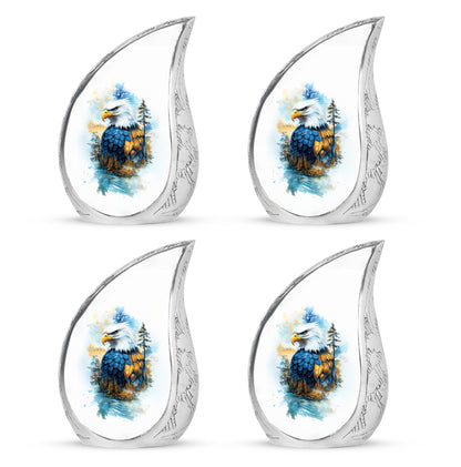 Sterling Silver Eagle Cremation Urn close-up of engraving and surface detail - flowing teardrop eagle silhouette on curved aluminum - 10 inch aluminum urn for cremated remains