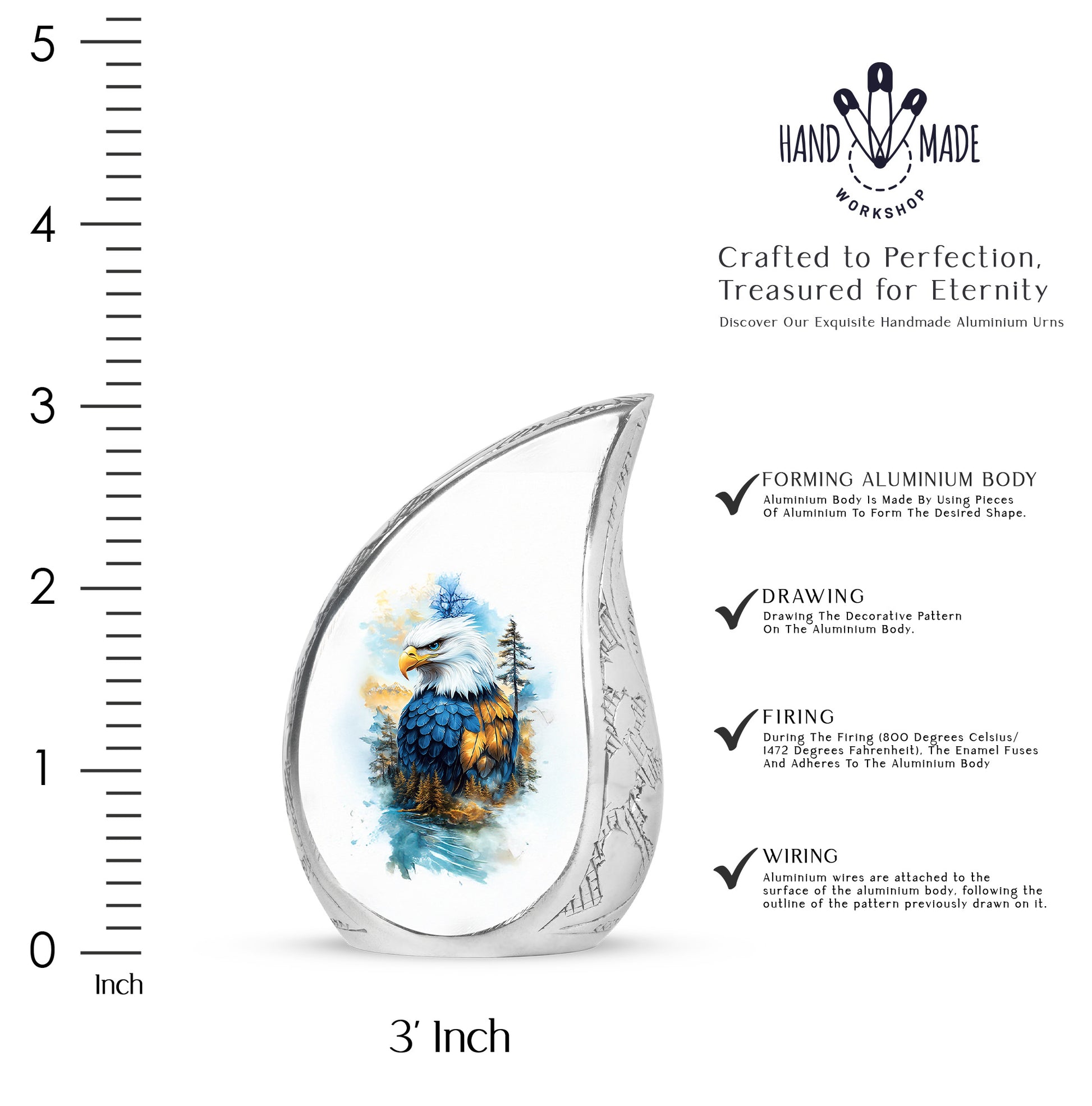 Brushed Silver Eagle Cremation Urn angled view of lid and engraved motif - flowing teardrop eagle silhouette on curved aluminum - mini keepsake memorial for portion of cremation ashes