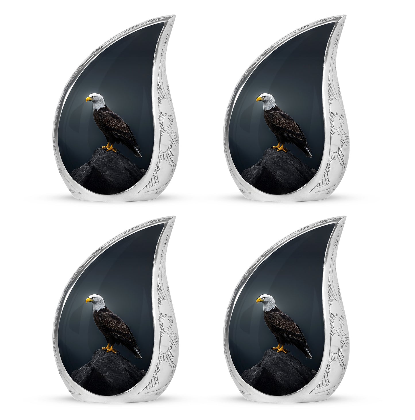 Calming Blue Eagle Cremation Urn close-up of engraving and surface detail - graceful tear-shaped urn with eagle motif - 10 inch aluminum urn for cremated remains