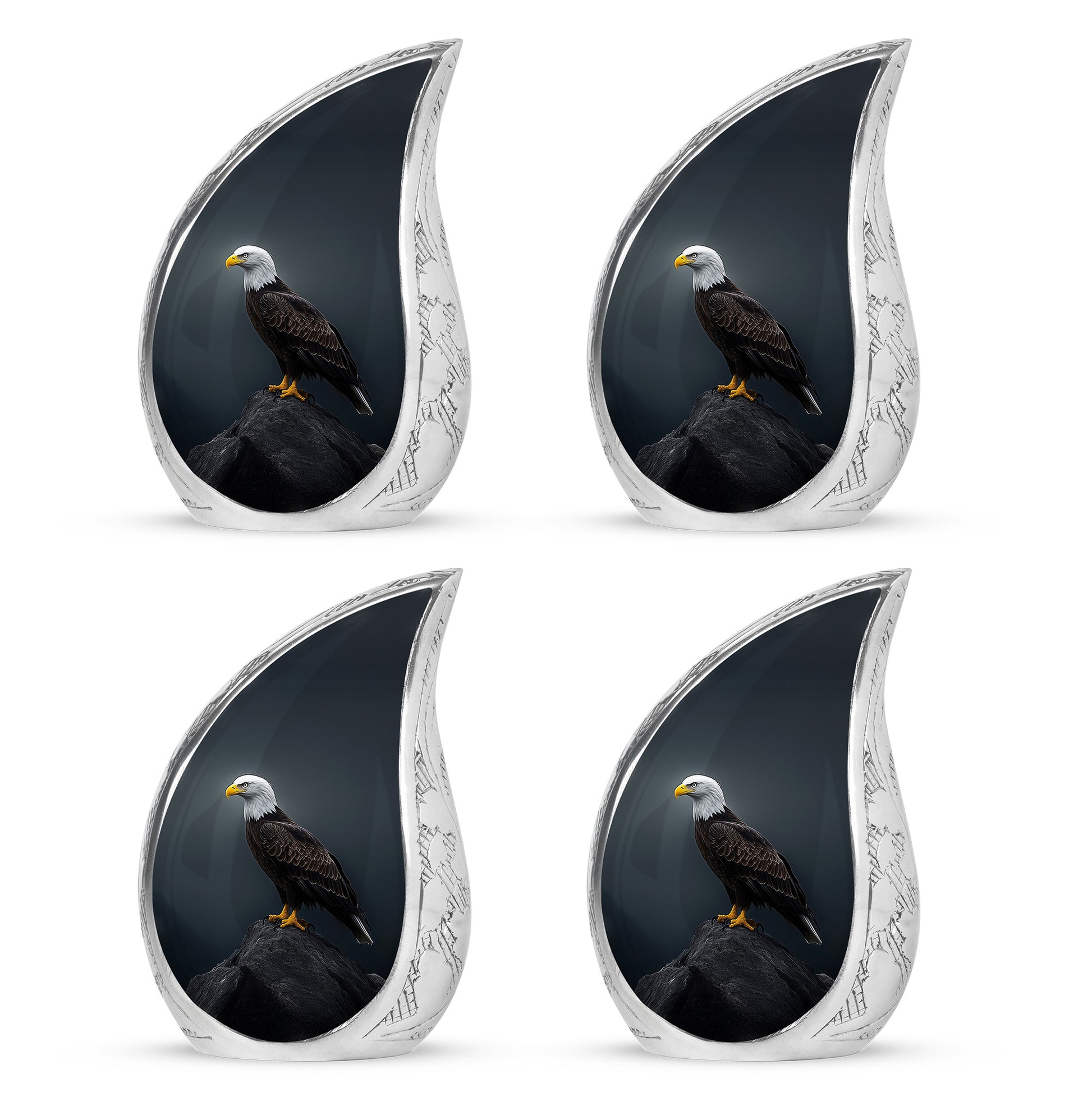 Calming Blue Eagle Cremation Urn close-up of engraving and surface detail - graceful tear-shaped urn with eagle motif - 10 inch aluminum urn for cremated remains