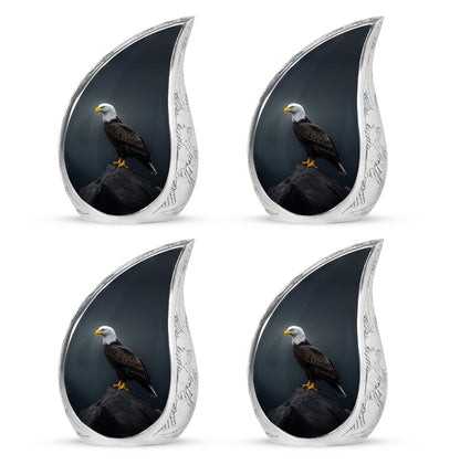 Calming Blue Eagle Cremation Urn close-up of engraving and surface detail - graceful tear-shaped urn with eagle motif - 10 inch aluminum urn for cremated remains