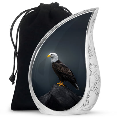 Sky Blue Eagle Cremation Urn front view showing detailed design - flowing teardrop eagle silhouette on curved aluminum - full-size 10 inch 200 cubic inch adult cremation urn