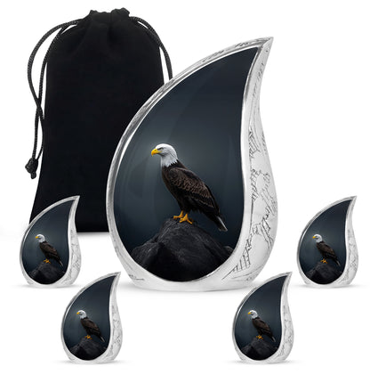Sapphire Blue Eagle Cremation Urn side profile showing urn shape - graceful tear-shaped urn with eagle motif - memorial set with one large and four small urns