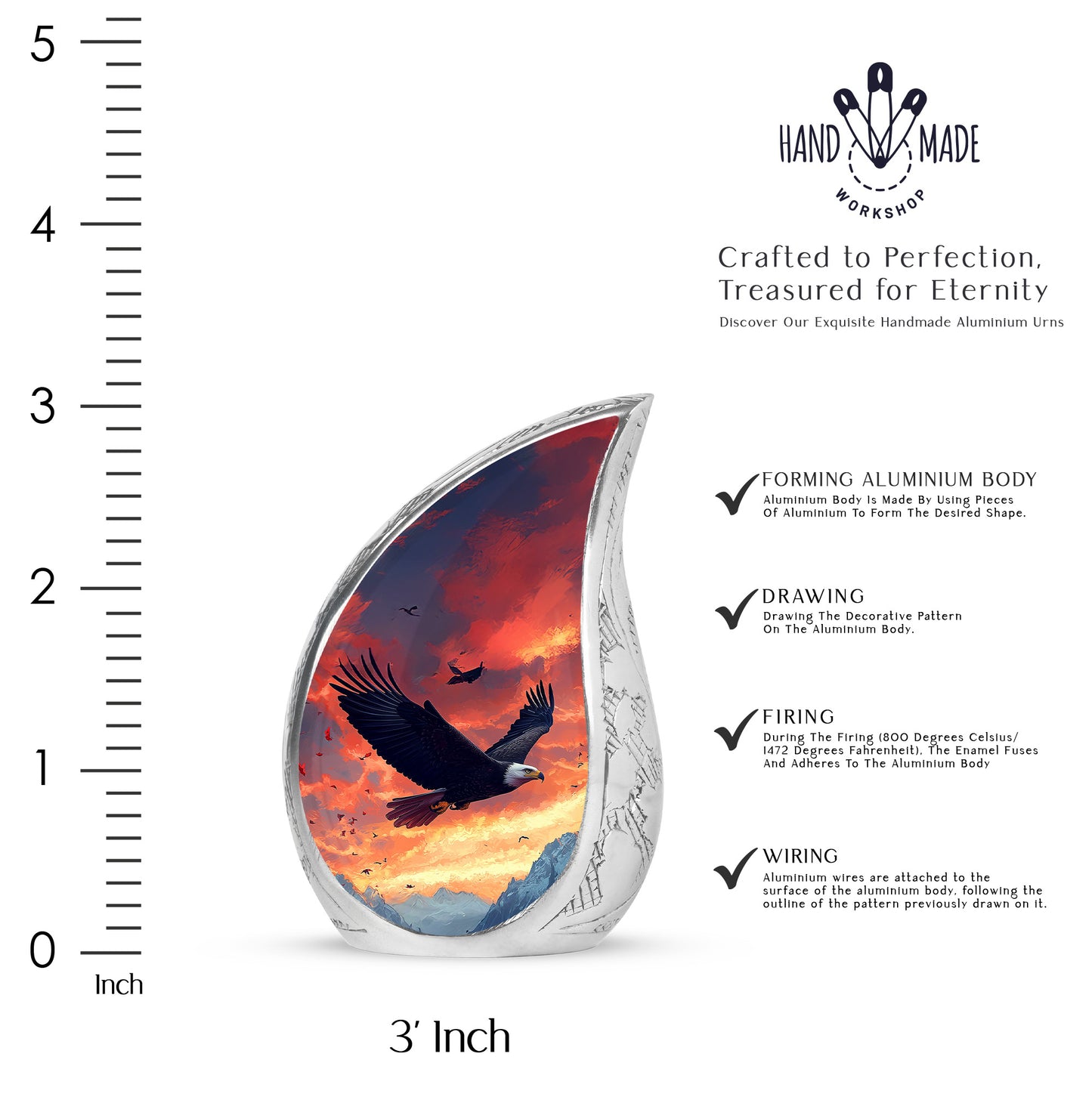 Sky Blue Eagle Cremation Urn angled view of lid and engraved motif - rounded teardrop eagle design with delicate detail - mini keepsake memorial for portion of cremation ashes