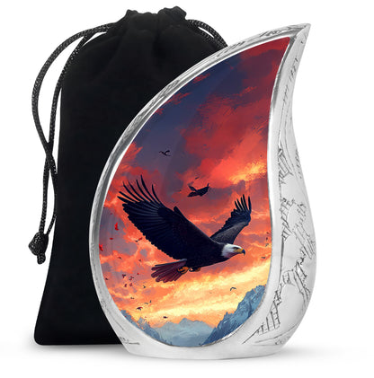 Steel Blue Eagle Cremation Urn front view showing detailed design - smooth teardrop contour featuring eagle art - full-size 10 inch 200 cubic inch adult cremation urn