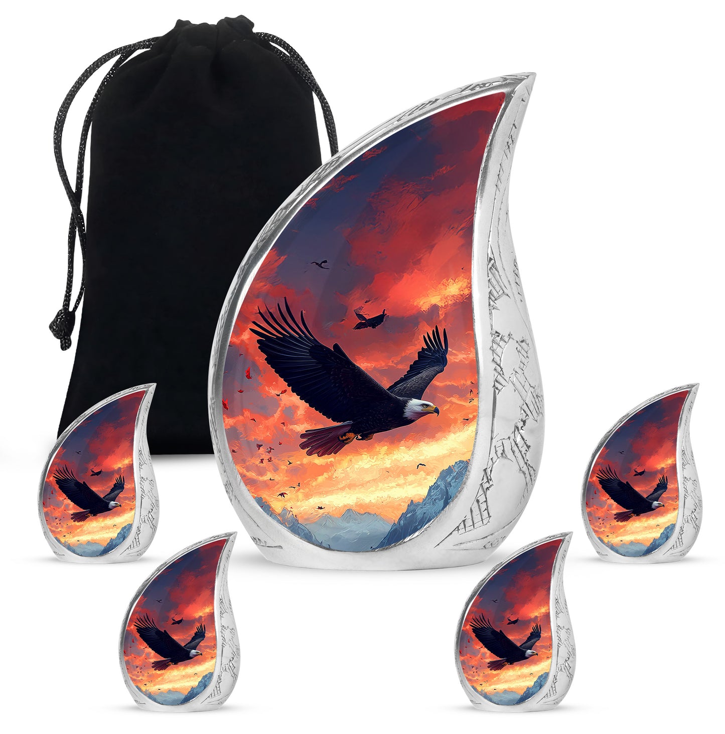 Cobalt Blue Eagle Cremation Urn side profile showing urn shape - smooth teardrop contour featuring eagle art - memorial set with one large and four small urns