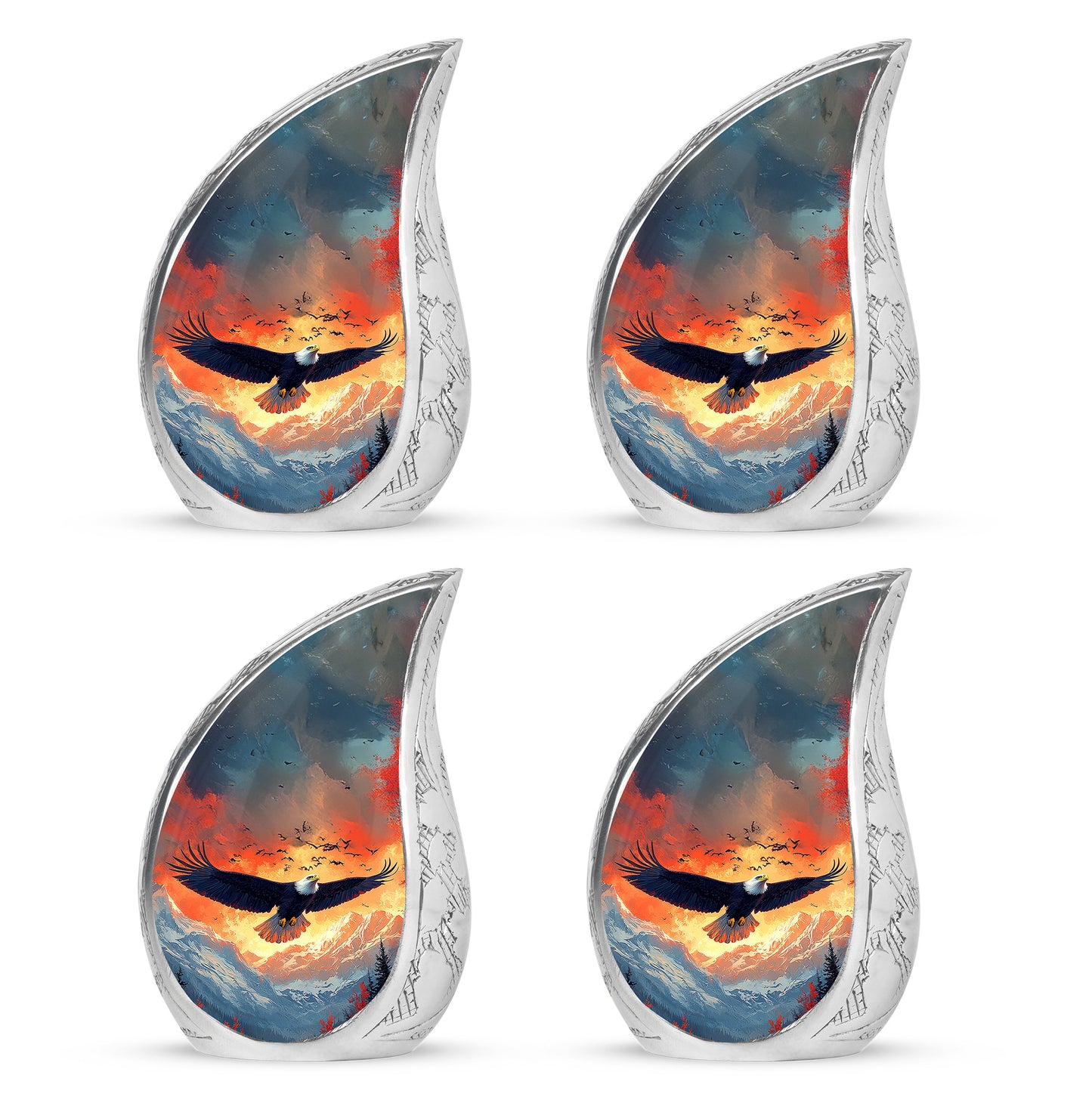 Steel Blue Eagle Cremation Urn close-up of engraving and surface detail - graceful tear-shaped urn with eagle motif - 10 inch aluminum urn for cremated remains