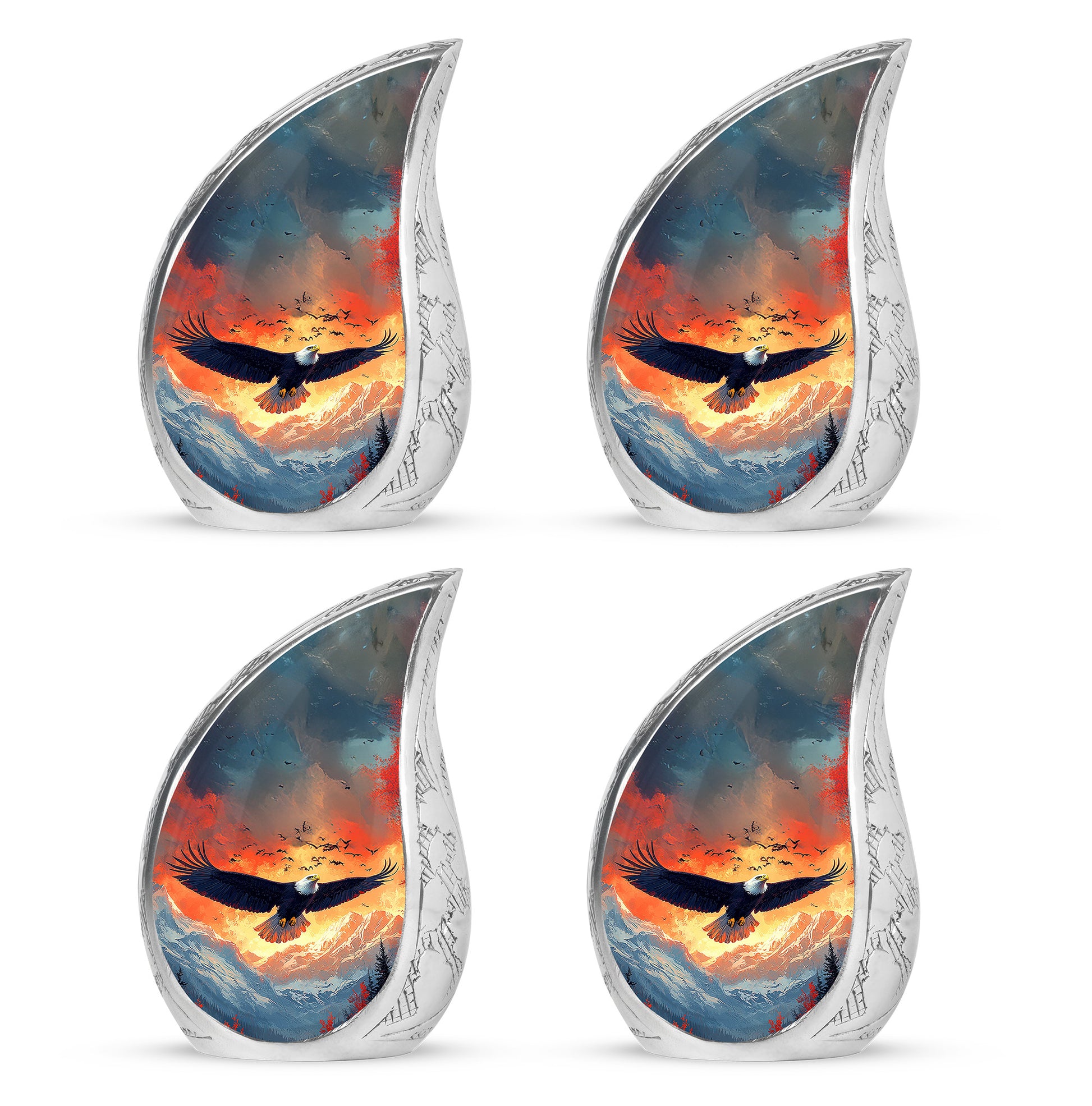 Steel Blue Eagle Cremation Urn close-up of engraving and surface detail - graceful tear-shaped urn with eagle motif - 10 inch aluminum urn for cremated remains
