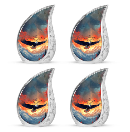 Steel Blue Eagle Cremation Urn close-up of engraving and surface detail - graceful tear-shaped urn with eagle motif - 10 inch aluminum urn for cremated remains