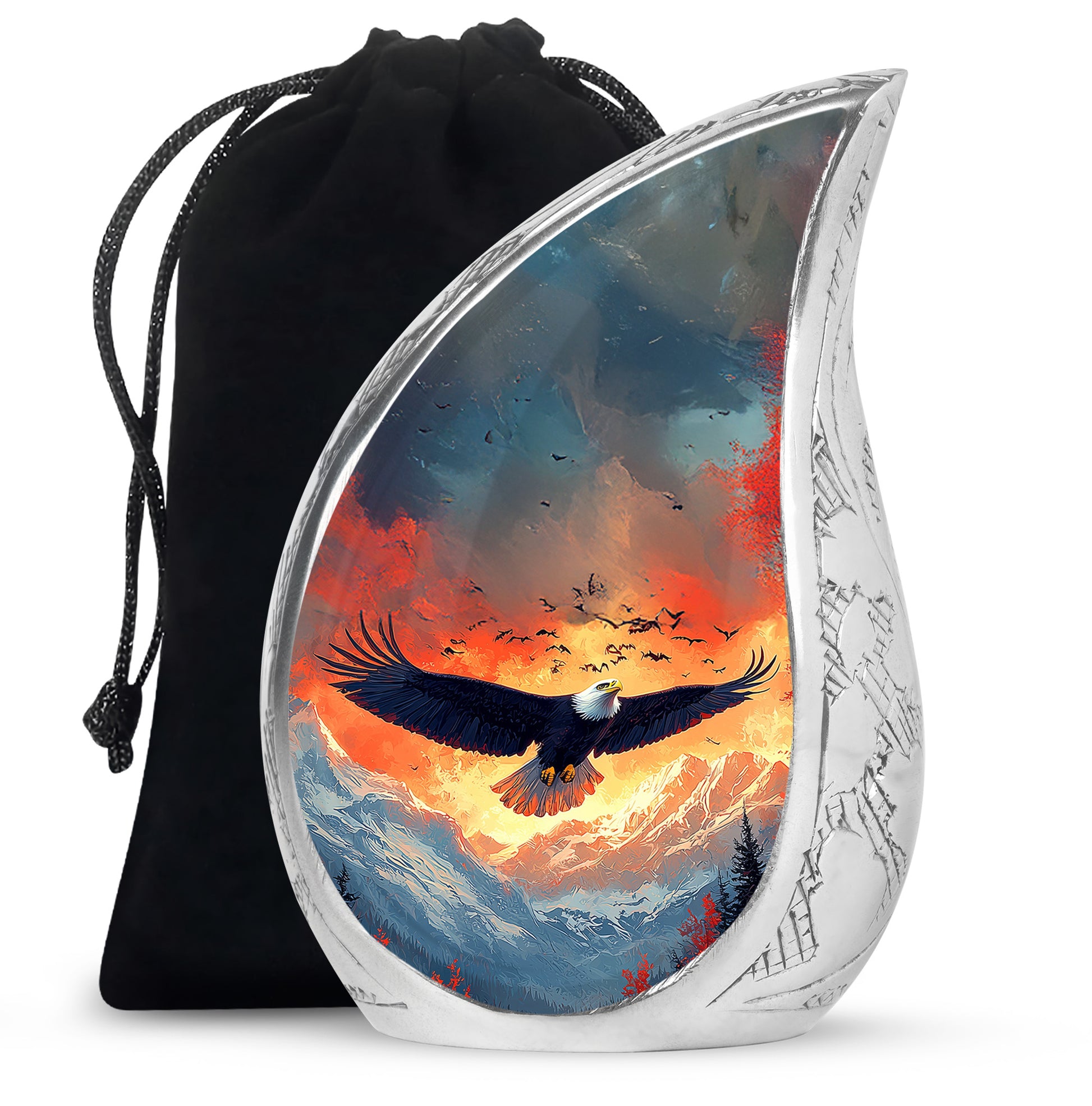 Dusty Blue Eagle Cremation Urn front view showing detailed design - flowing teardrop eagle silhouette on curved aluminum - full-size 10 inch 200 cubic inch adult cremation urn