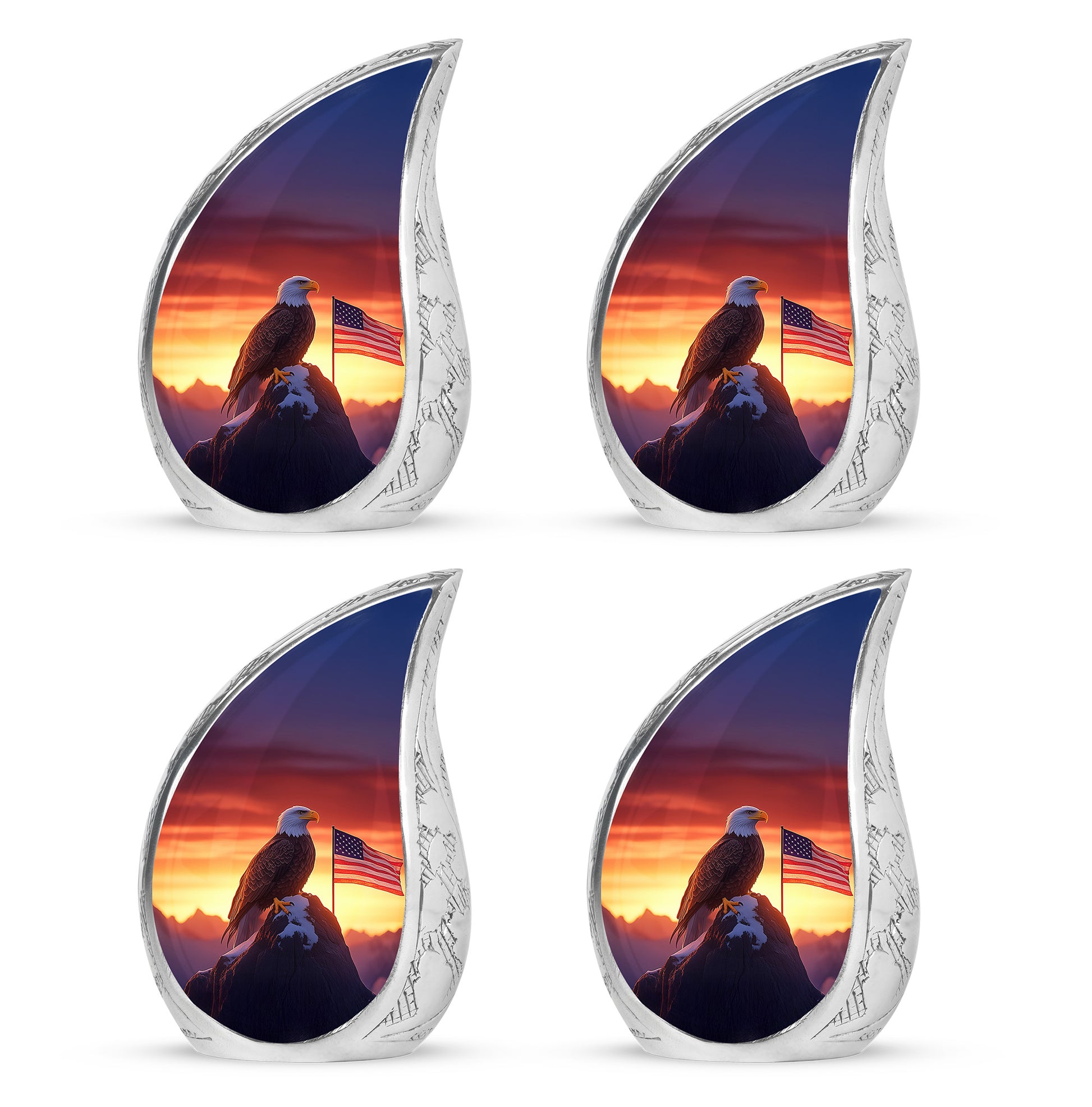 Scarlet Red Eagle Cremation Urn close-up of engraving and surface detail - smooth teardrop contour featuring eagle art - 10 inch aluminum urn for cremated remains