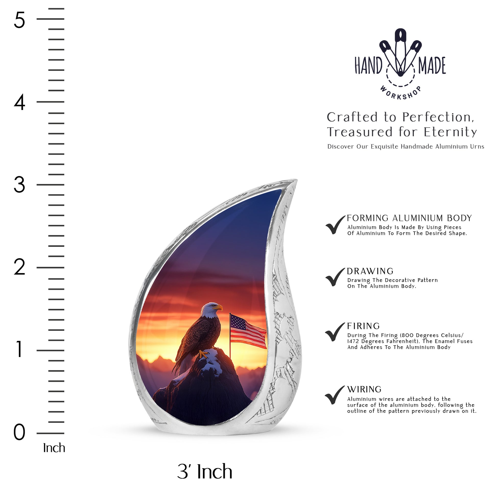 Garnet Red Eagle Cremation Urn angled view of lid and engraved motif - rounded teardrop eagle design with delicate detail - mini keepsake memorial for portion of cremation ashes
