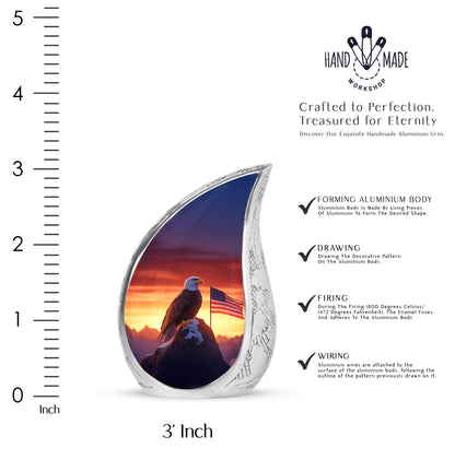 Garnet Red Eagle Cremation Urn angled view of lid and engraved motif - rounded teardrop eagle design with delicate detail - mini keepsake memorial for portion of cremation ashes